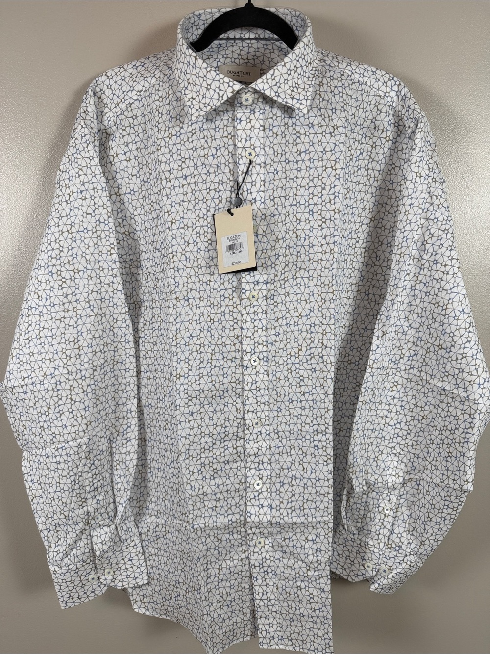 Bugatchi Men’s White Button Down Long Sleeve Shirt with Pattern